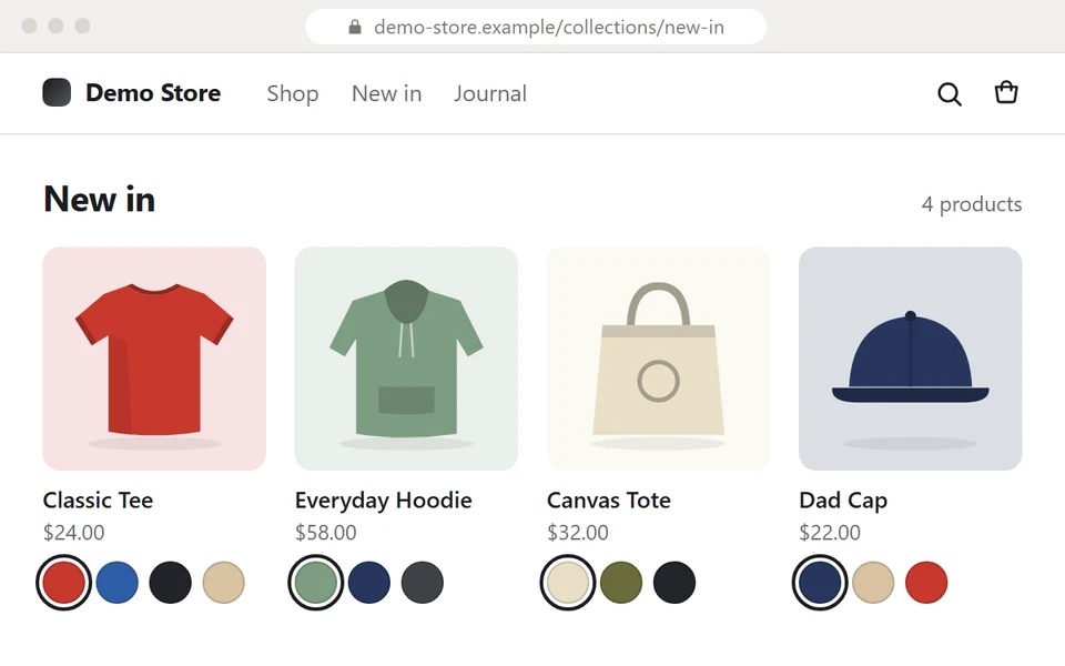 A New in collection of a tee, a hoodie, a tote and a cap, each card with its own row of colour swatches. The shopper clicks Navy under the hoodie and the Everyday Hoodie - Navy page opens.