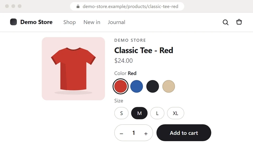 A Classic Tee - Red product page with Red, Blue, Black and Sand swatches. The shopper clicks Blue and the Classic Tee - Blue page opens, then clicks Black.