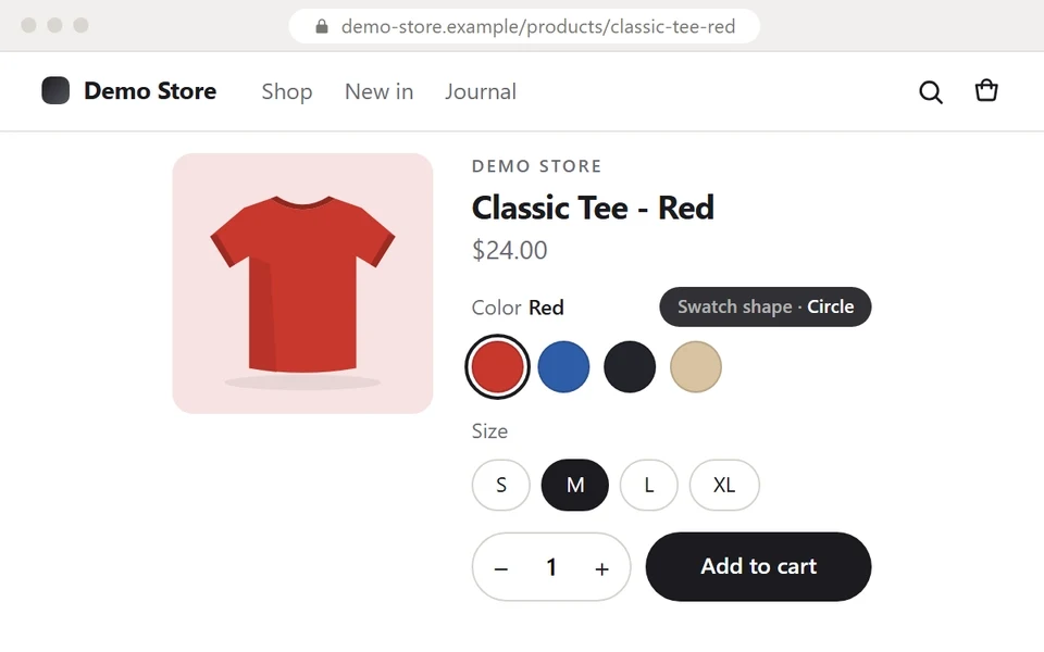 A product page whose colour swatches restyle in place: circle, square and rounded shapes, a larger size, then the sold-out Sand swatch struck through, hidden and dimmed. A label beside Color names each setting.