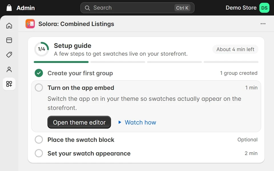The setup guide step Turn on the app embed, whose Open theme editor button opens the theme editor on App embeds. The cursor switches on Combined Listings, clicks Save, and a row of colour swatches appears on the product page in the preview.