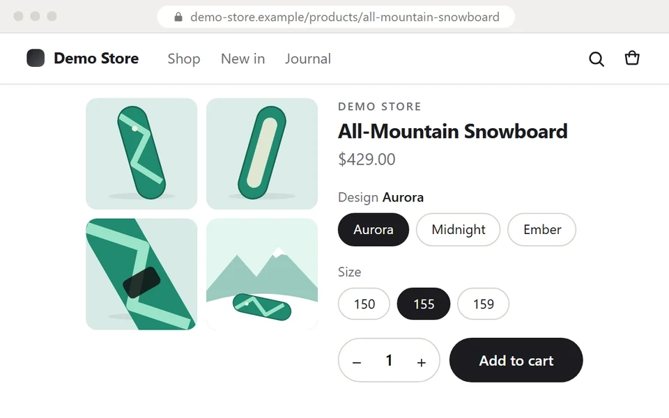 An All-Mountain Snowboard product page with a four-photo gallery. Picking the Midnight design swaps the gallery to the four Midnight photos, then picking Ember swaps it to the Ember photos.