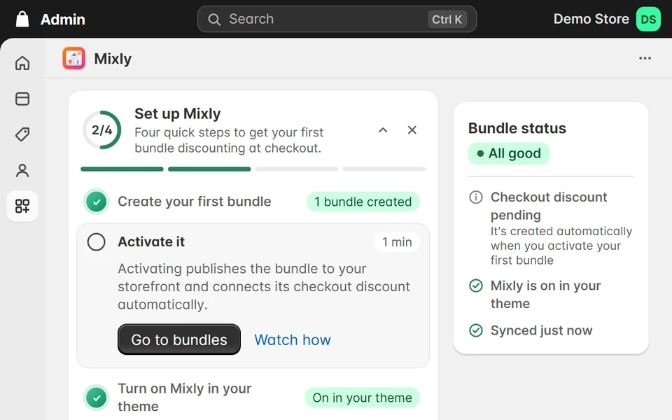 The Mixly bundles list with the Weekend set bundle. The cursor opens the row menu and switches the bundle on, and its status changes to Active.