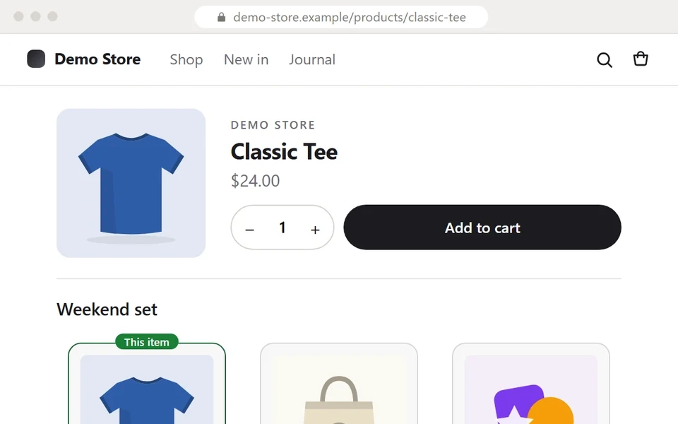 A Classic Tee product page. Below it the Mixly bundle offer lists the tee, marked This item, a Canvas Tote and a Sticker Pack, with a total of $54.40 instead of $64.00. The shopper clicks Add bundle to cart, the button reads Adding, and the cart opens with all three products.