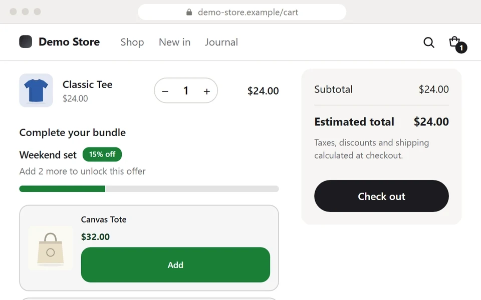 A cart holding one Classic Tee. The Mixly cart bundle block reads Complete your bundle, Weekend set, 15% off, Add 2 more to unlock this offer, with a progress bar and an Add button for a Canvas Tote. The shopper adds the tote and the block moves on to Add 1 more and a Sticker Pack, then adds that too and the cart holds the whole bundle.