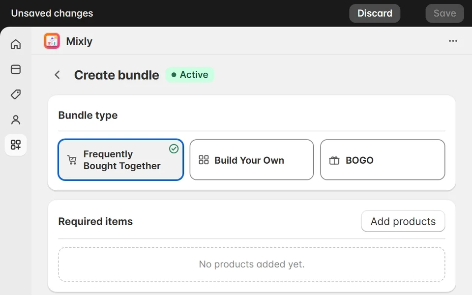 The Create bundle page in the Mixly admin. The cursor picks the Frequently bought together type, adds a Classic Tee, a Canvas Tote and a Sticker Pack, sets a 15 percent discount, names the bundle Weekend set and clicks Save.