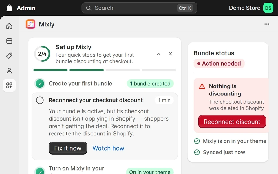 The Mixly home screen with an alert that the discount is disconnected. The cursor clicks Reconnect discount and the setup checklist moves on once the discount is back.