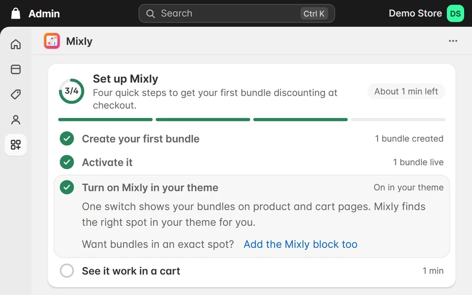 The setup guide step Add Mixly to your product page, whose Open theme editor button opens the theme editor on the Default product template. The cursor clicks Add block under Product information, picks Mixly bundle offer from the Apps list, and the bundle appears on the product page in the preview. Then it clicks Save.