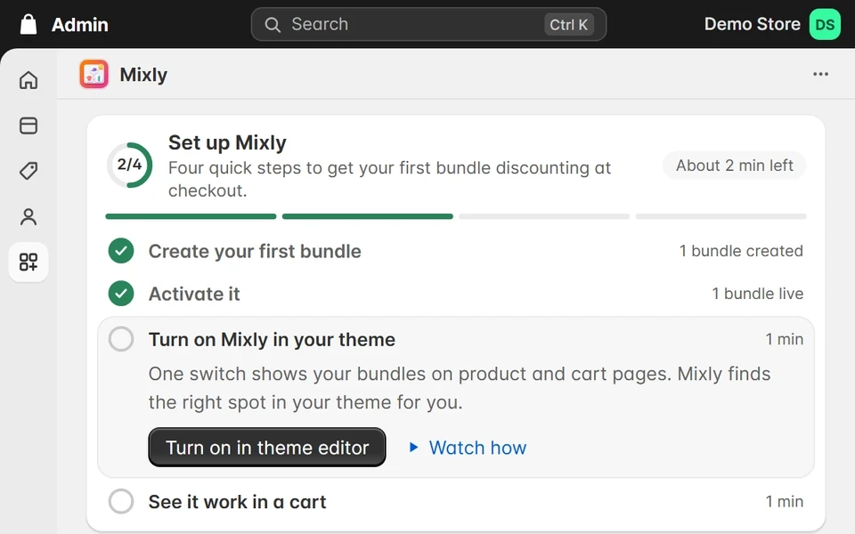 The setup guide step Turn on Mixly in your theme. Its button opens the theme editor on App embeds, the cursor switches on Mixly, and the bundle offer appears on the product page in the preview. Then it clicks Save.