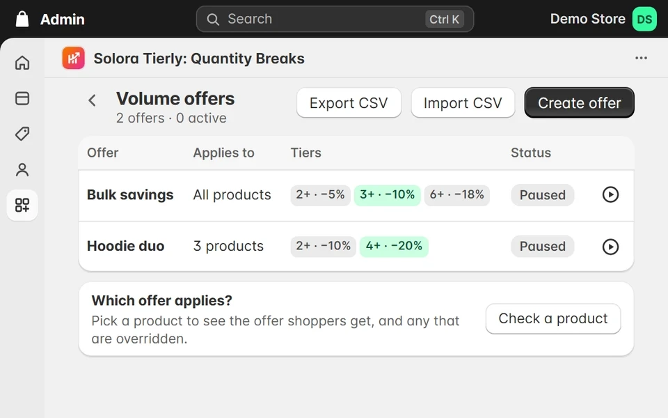The Tierly offers list. The cursor activates the Bulk savings offer and a confirmation appears. Back on the home screen, Store health shows the discount connected.
