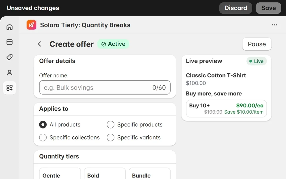 The Create offer page in the Tierly admin. The cursor names the offer Bulk savings, applies it to all products, picks the Gentle preset, edits the second and third tiers and clicks Save.