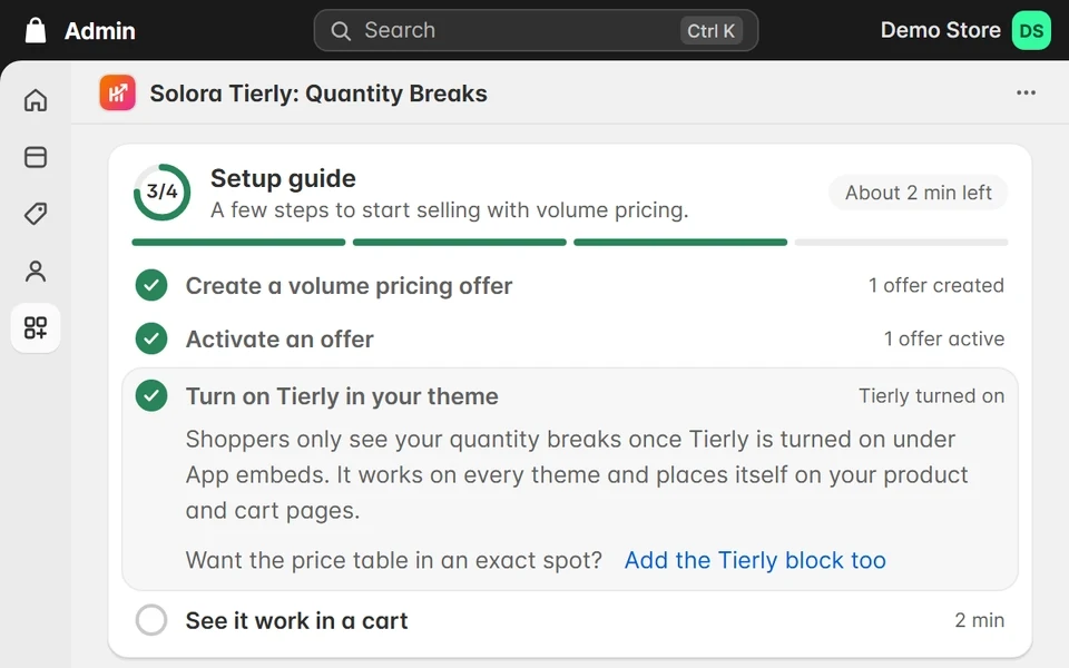The setup guide step Add the price table to your product page, whose Add it for me button opens the theme editor on the Default product template with the Tierly price table already added. The cursor drags the block under Price, the quantity breaks move under the price in the preview, then the cursor clicks Save.