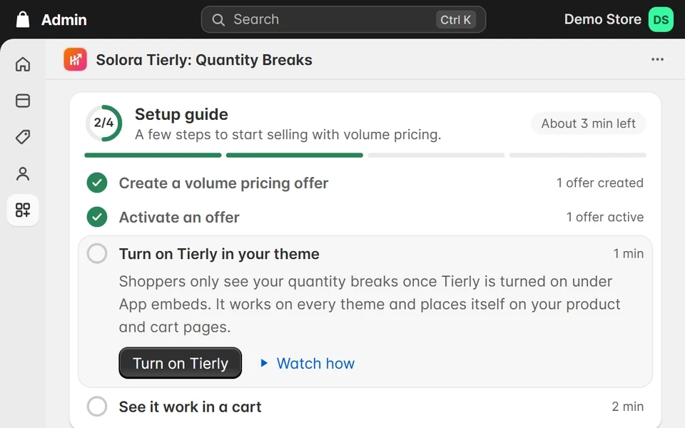 The setup guide step Turn on Tierly in your theme. Its Turn on Tierly button opens the theme editor on App embeds, the cursor switches on Tierly, and the quantity breaks appear on the product page in the preview. Then it clicks Save.